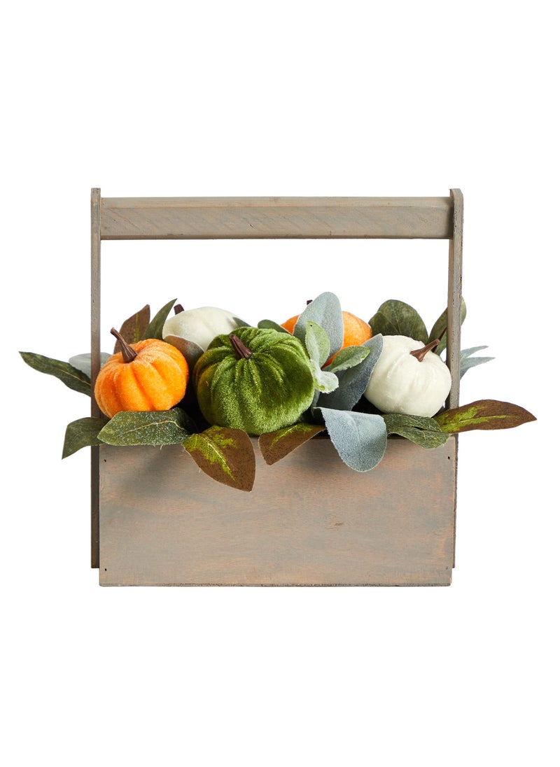 Nearly Natural Nearly Natural 10in. Fall Pumpkin Artificial Autumn Arrangement in Wood Basket  - Image 1