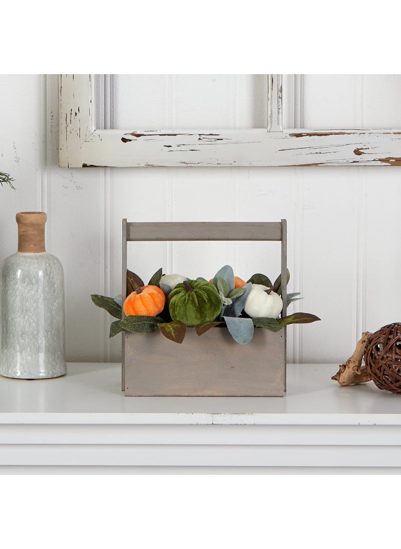 Nearly Natural Nearly Natural 10in. Fall Pumpkin Artificial Autumn Arrangement in Wood Basket  - Image 4