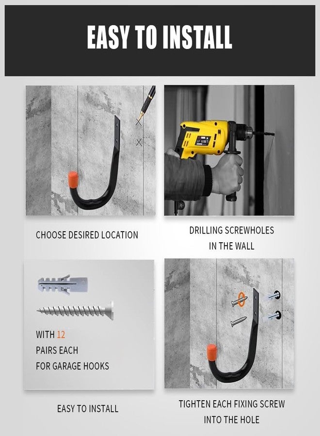 Serplex Heavy Duty Garage Hooks For Hanging,6Pcs Metal Utility Hooks Garage Wall Storage Hooks,Ladder Hooks,Wall Mount J Utility Hooks With Wall Anchors & Screws,Metal Hooks For Garage,Garden - Black - Image 4