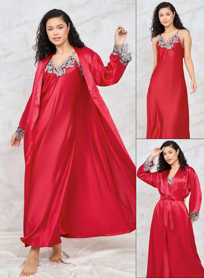 Styli Pack of 2 - Embroidered Trim Maxi Slip Dress & Robe  - Image 1
