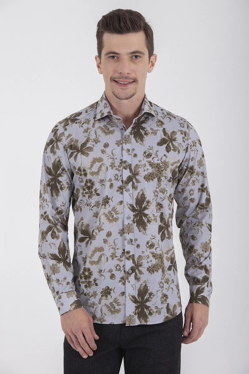 هاتيموغلو Men's Patterned Slim Fit Green Shirt