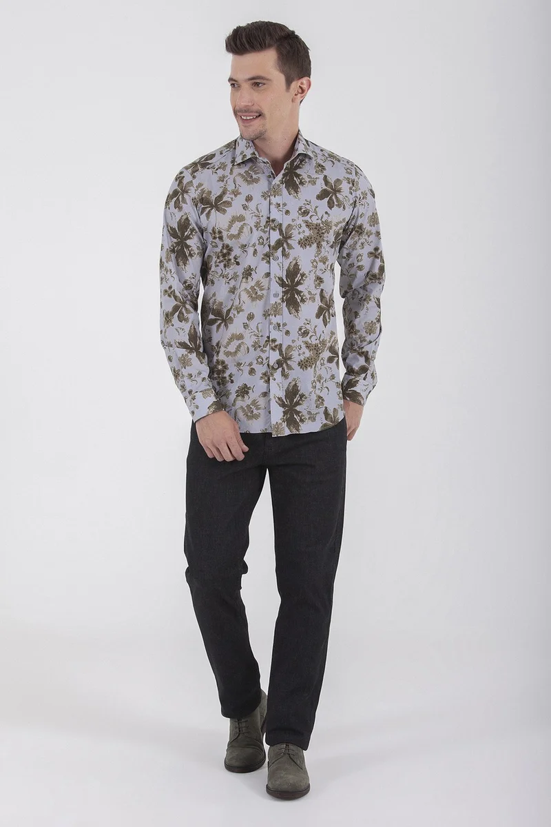 هاتيموغلو Men's Patterned Slim Fit Green Shirt