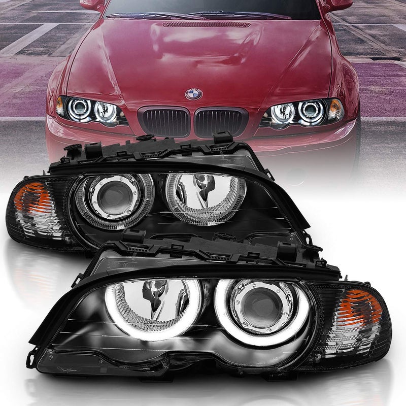 AmeriLite for 19992001 BMW 3 Series E46 323Ci 328Ci 325Ci 330Ci M3 Coupe wHalos Projector Black Headlights Corner Lamp Set Passenger and Driver Set