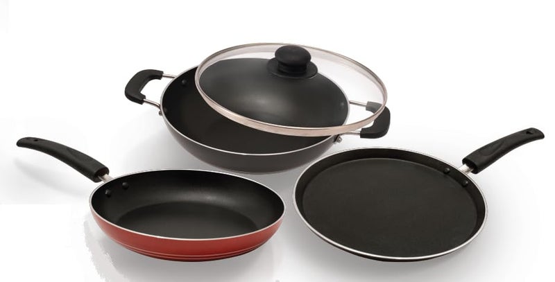 MINOLTA Non-Stick Cookware Set Combo | 3-Piece Set with Glass Lid | Kadai, Tawa & Frypan | Durable 4mm Thick Aluminium | Even Heat Distribution | Gas & Induction Compatible | Easy to Clean - Image 1