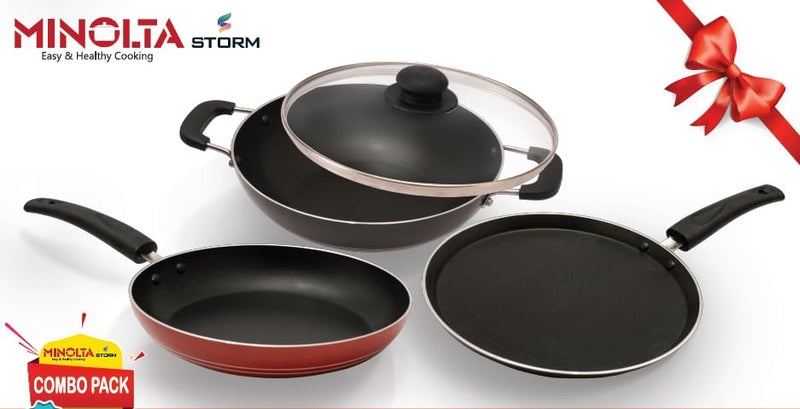 MINOLTA Non-Stick Cookware Set Combo | 3-Piece Set with Glass Lid | Kadai, Tawa & Frypan | Durable 4mm Thick Aluminium | Even Heat Distribution | Gas & Induction Compatible | Easy to Clean - Image 2