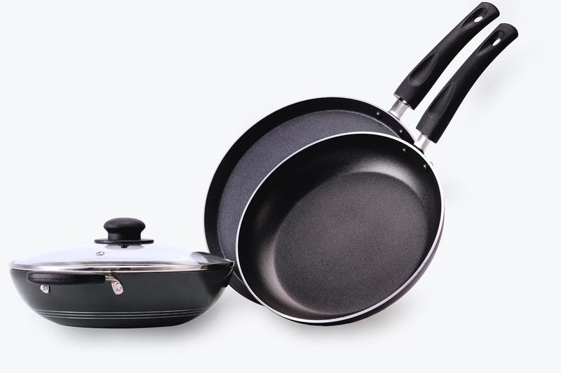 MINOLTA Non-Stick Cookware Set Combo | 3-Piece Set with Glass Lid | Kadai, Tawa & Frypan | Durable 4mm Thick Aluminium | Even Heat Distribution | Gas & Induction Compatible | Easy to Clean - Image 3