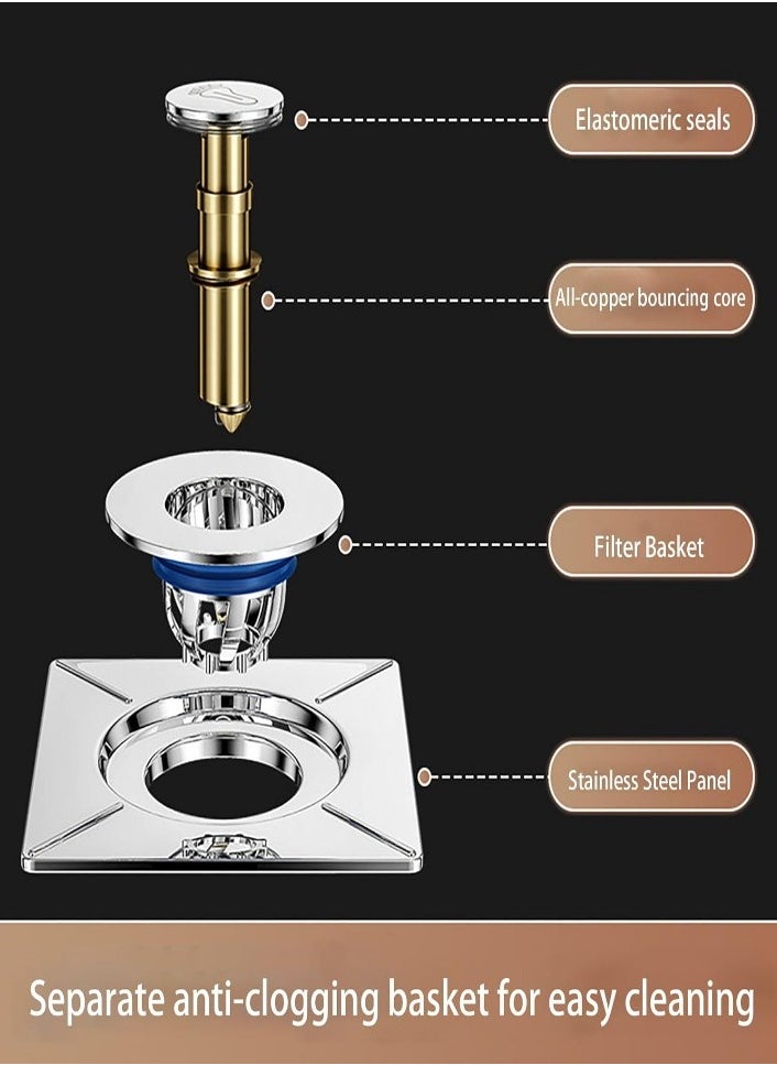 XVersion Odor Floor Drain Plug Stainless Steel Bouncy Odor Proof Floor Drain, Removable Strainer Cover, Anti-Clogging Floor Drain with Deodorizing Copper Core Tub Drain Stopper  - Image 2