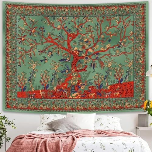 Simpkeely Tree of Life Tapestry Aesthetic Indian Mandala Wall Hanging Tie Dye Bohemian Tapestries Wall Art Dcor for Bedroom Dorm Living Room 51 x 59 Inches Green