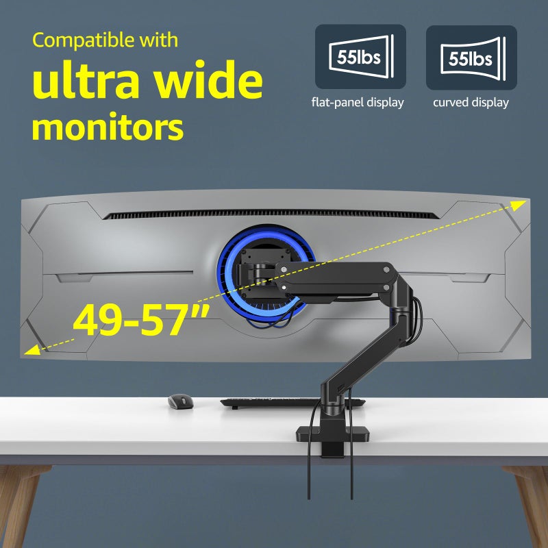 BEWISER Heavy Duty Monitor Arm Ultrawide Mount for 34-49 inches and New 57 inches Screens,Weight Capacity Up to 44 lbs,Full Motion Height Swivel Adjustable Monitor Arm（Black) - Image 2