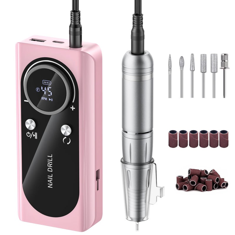 Wiyuam Electric Nail Drill Machine 45,000RPM - Professional Electric and Rechargeable Nail Drill with LCD Display, 6 Bits and 30 Sanding Bands, Low Heat Quiet E-File for Acrylic Gel Nails V9-3 - Image 1