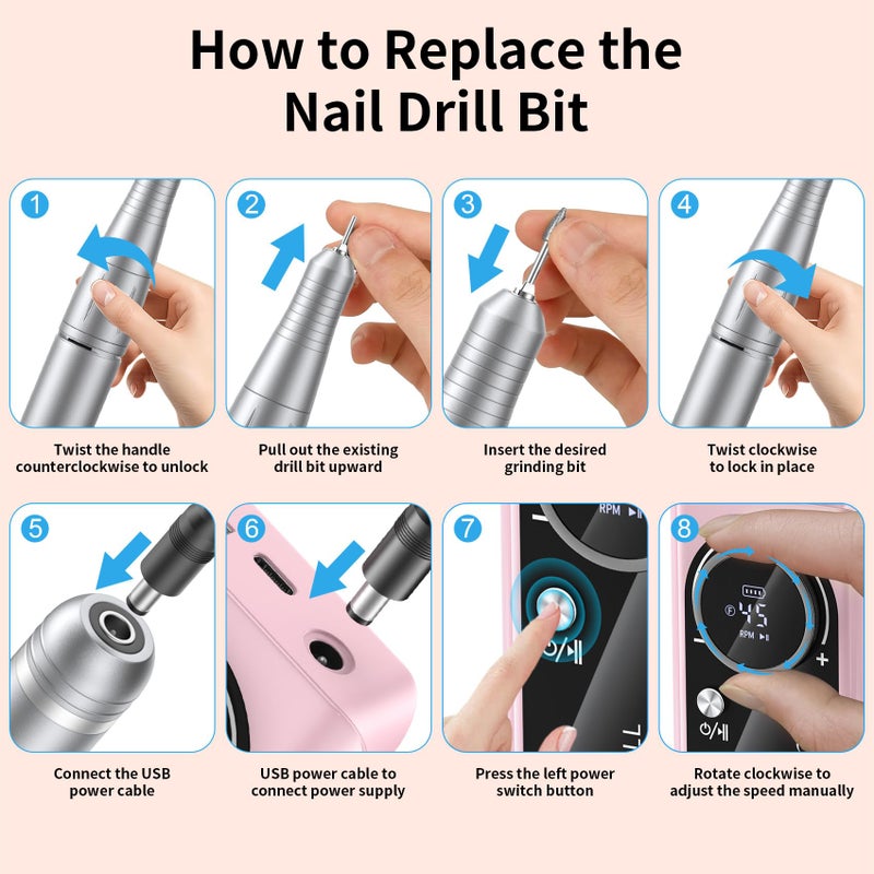 Wiyuam Electric Nail Drill Machine 45,000RPM - Professional Electric and Rechargeable Nail Drill with LCD Display, 6 Bits and 30 Sanding Bands, Low Heat Quiet E-File for Acrylic Gel Nails V9-3 - Image 3