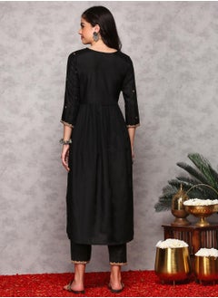 ISHIN A-Line Fit Embroidered Pattern Round Neck Three-Quarter Sleeves BLACK Colour Woven Cotton Kurta Set for Women with Semi Elastic Closure - Elevate Your Fashion Game  - Image 2