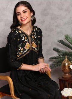 ISHIN A-Line Fit Embroidered Pattern Round Neck Three-Quarter Sleeves BLACK Colour Woven Cotton Kurta Set for Women with Semi Elastic Closure - Elevate Your Fashion Game  - Image 5