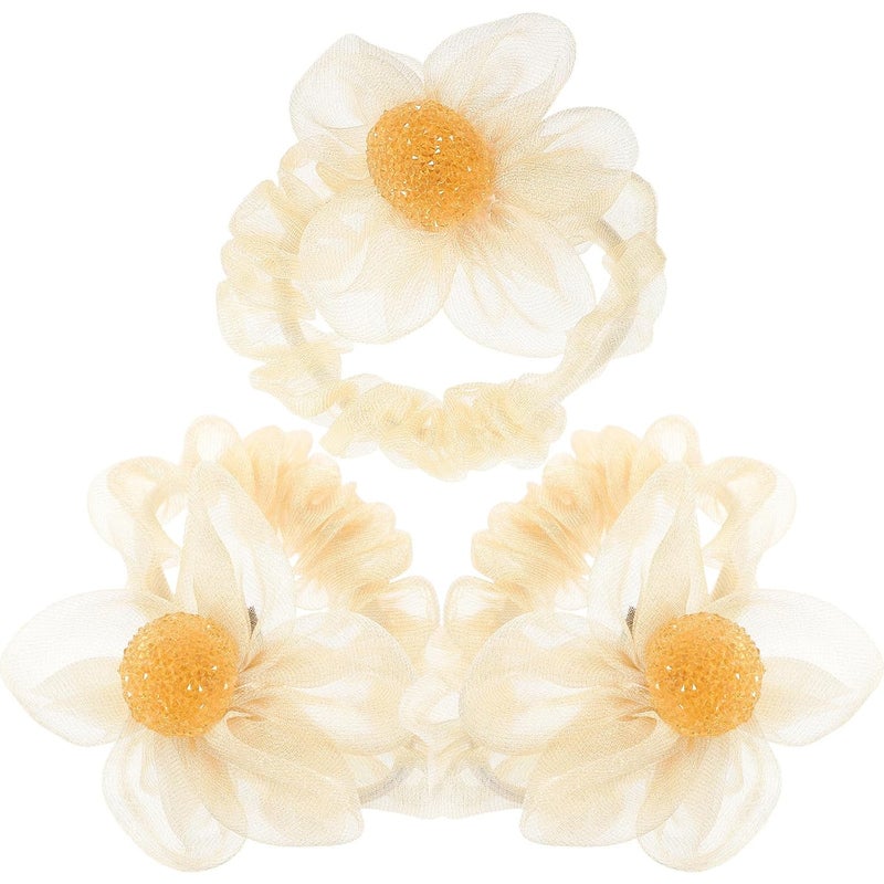 3pcs Sparkly Mesh Flower Hair Scrunchies Set Lightweight Decorative Hair Ties for Women for Everyday - Image 1