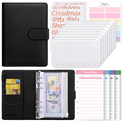 SKYDUE A6 Budget BinderMoney Organizer for Cash with 8pcs Zipper Envelopes12pcs Expense Budget Sheets 24 Rose Gold Sticky LabelsMoney Saving Binder for Budgeting Black
