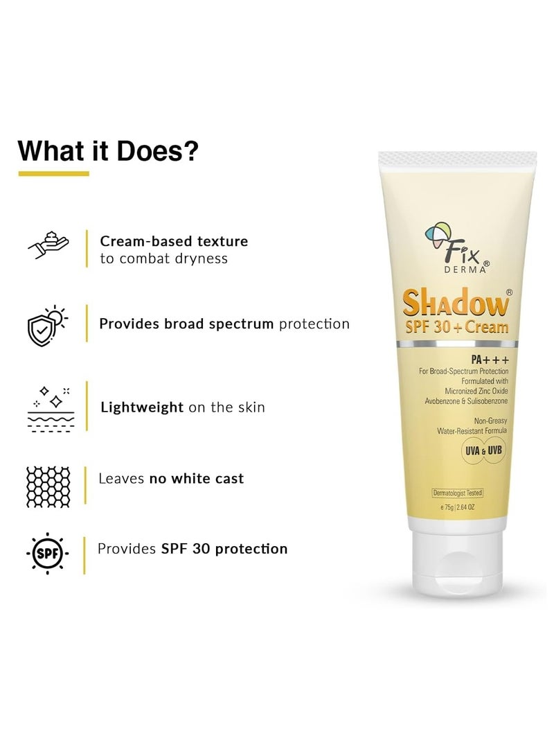 FIXDERMA Fixderma Shadow Sunscreen SPF 30+ PA+++ Cream For Dry Skin, Body & Face, Broad Spectrum For Uva & Uvb Protection, Non Greasy & Water Resistant, 75g - Image 2