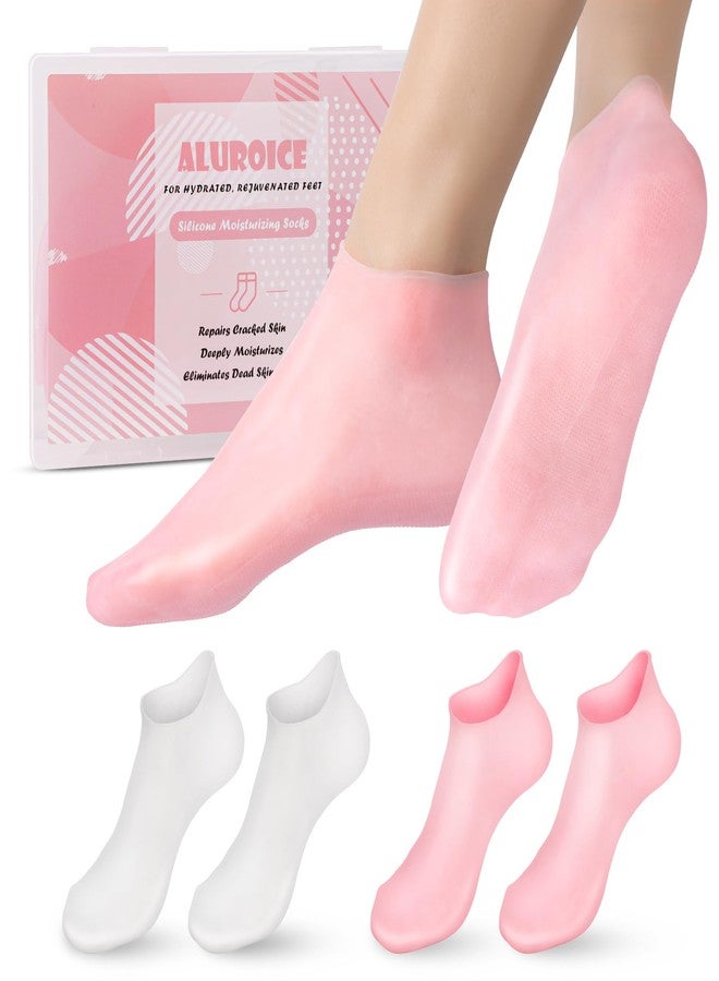 Aluroice 2 Pairs Silicone Moisturizing Socks for Dry Cracked Feet Women, Soft Gel Pedicure Foot Spa Aloe Socks, Anti-Slip Moisturizer Socks for Dry Cracked Feet Overnight Foot Care Pink&White - Image 1