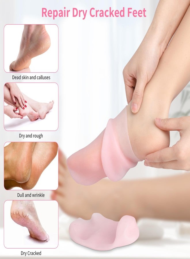 Aluroice 2 Pairs Silicone Moisturizing Socks for Dry Cracked Feet Women, Soft Gel Pedicure Foot Spa Aloe Socks, Anti-Slip Moisturizer Socks for Dry Cracked Feet Overnight Foot Care Pink&White - Image 4