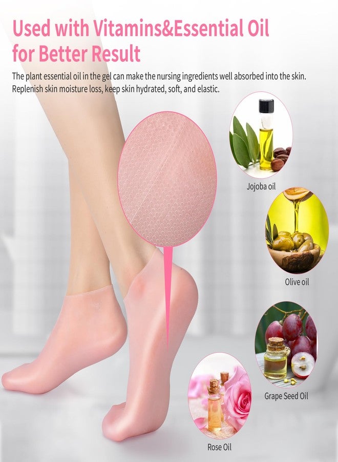 Aluroice 2 Pairs Silicone Moisturizing Socks for Dry Cracked Feet Women, Soft Gel Pedicure Foot Spa Aloe Socks, Anti-Slip Moisturizer Socks for Dry Cracked Feet Overnight Foot Care Pink&White - Image 2