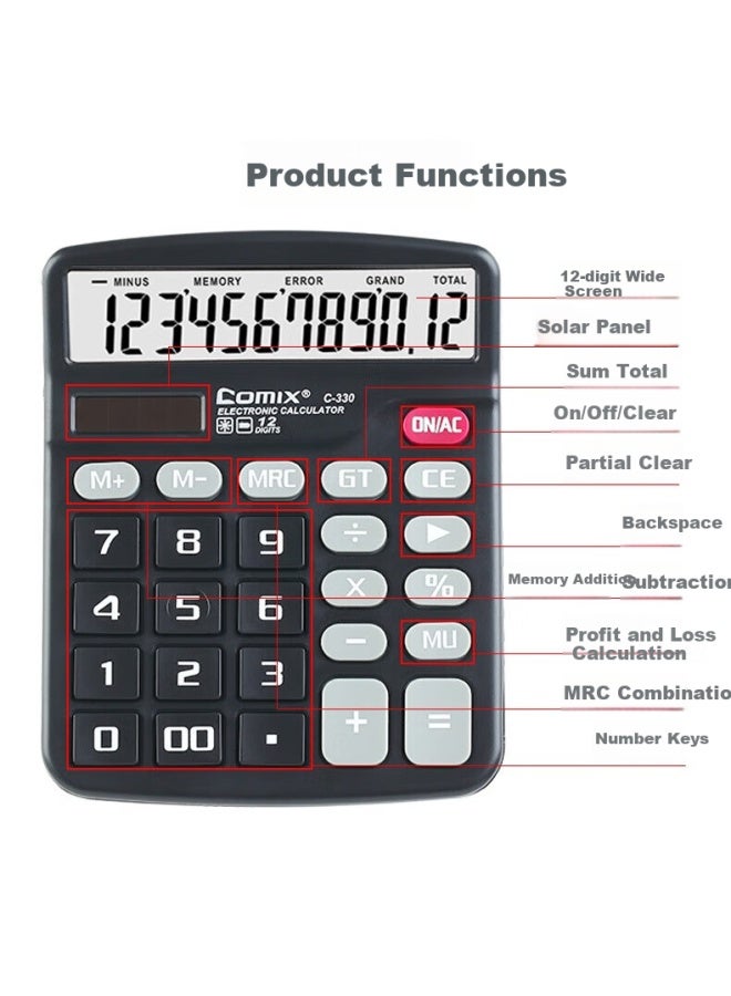 COMIX Dual Power Desktop Office Calculator 12-digit Large Screen Desktop Computer Student Office Stationery Supplies C-330 - Image 1