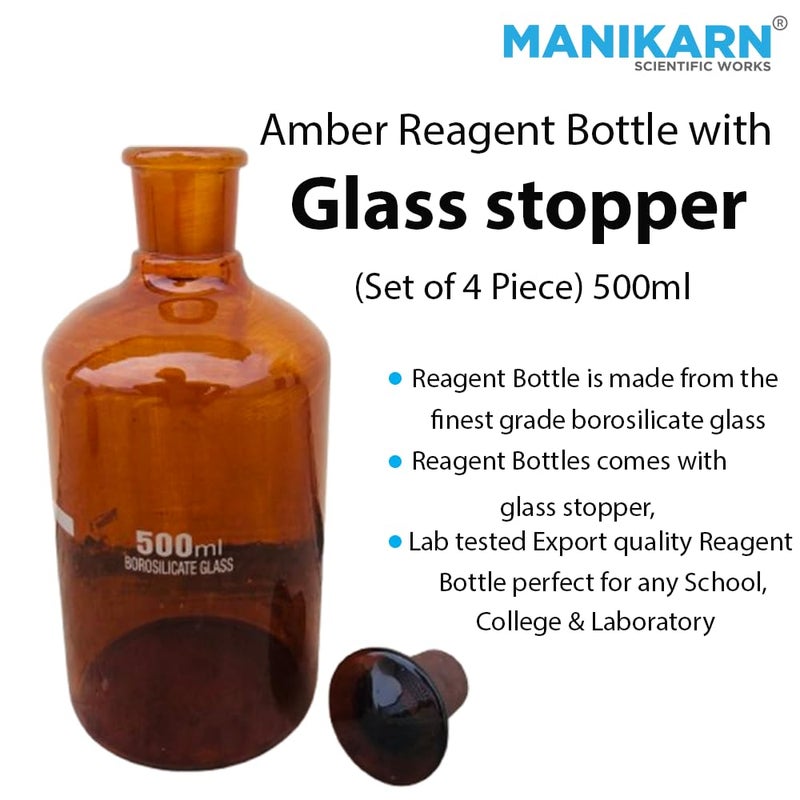 MANIKARN Borosilicate glass Amber Reagent Bottle with glass stopper 500ml Set of 4 Piece - Image 3