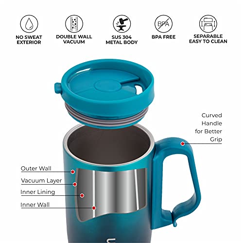 DUBBLIN Casa Stainless Steel Unbreakable Tea Coffee Mug Double Wall with Handle and Lid, Wide Mouth Mug Keeps Beverages Hot & Cold 270 ML Green - Image 2