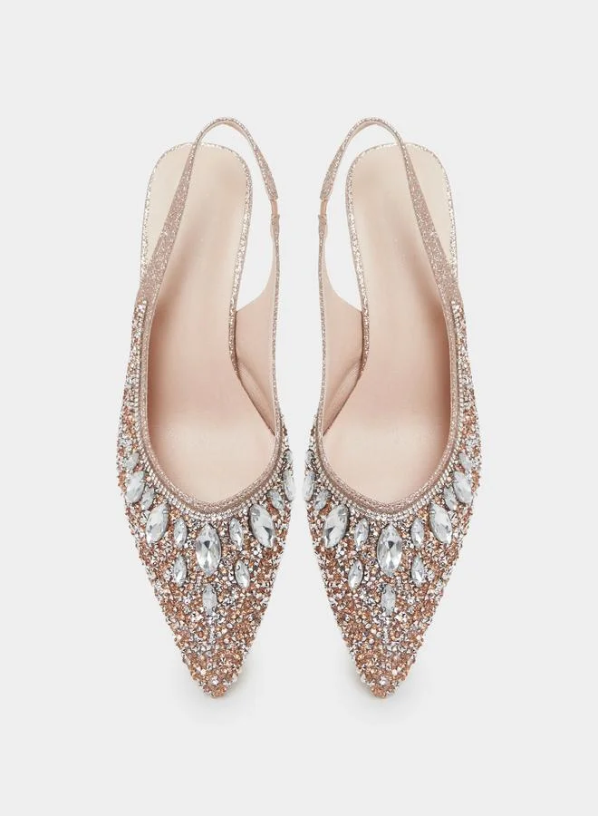 Take Two Gold Gold Rhinestone Pointed Toe Slingback Pumps for Women | Best Price UAE