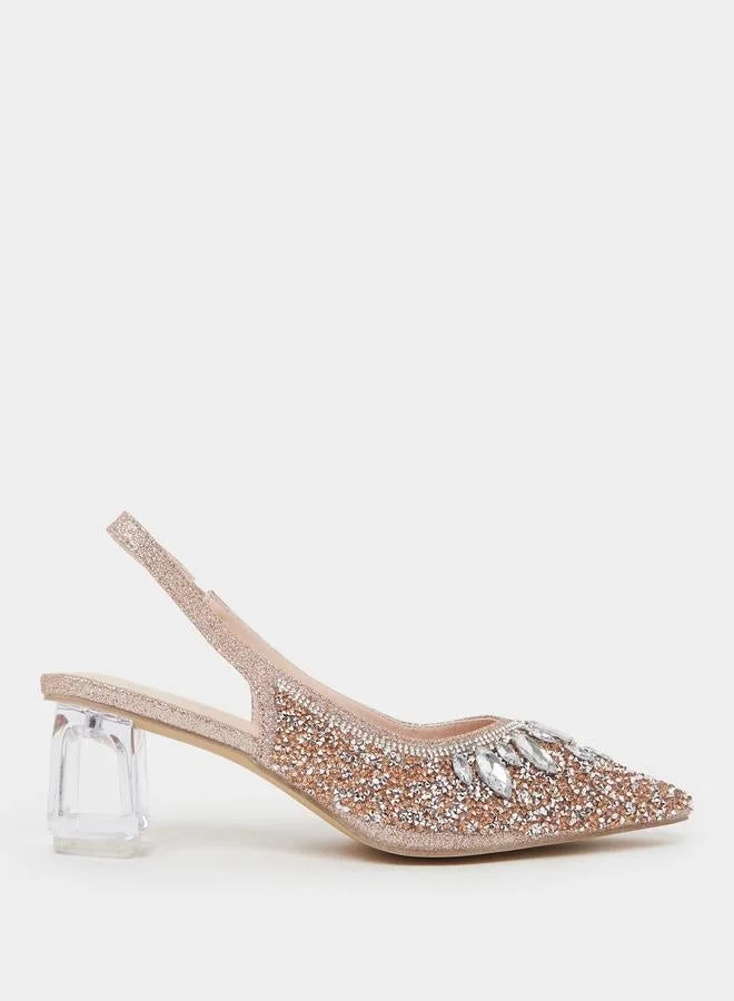 Take Two Gold Rhinestone Pointed Toe Slingback Pumps