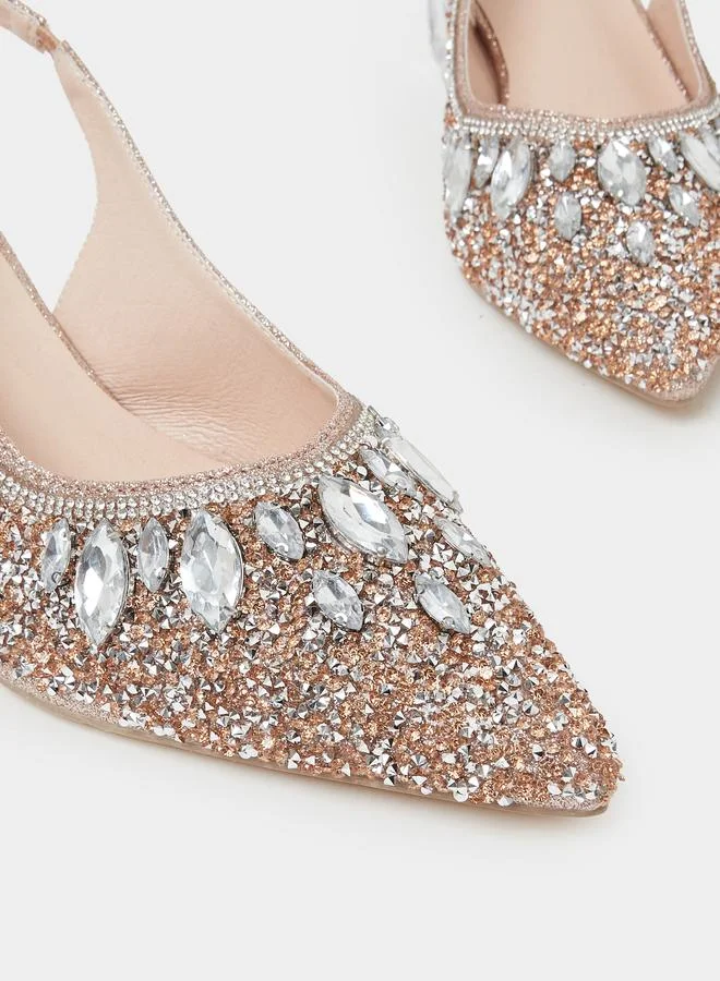 Take Two Gold Gold Rhinestone Pointed Toe Slingback Pumps for Women | Best Price UAE