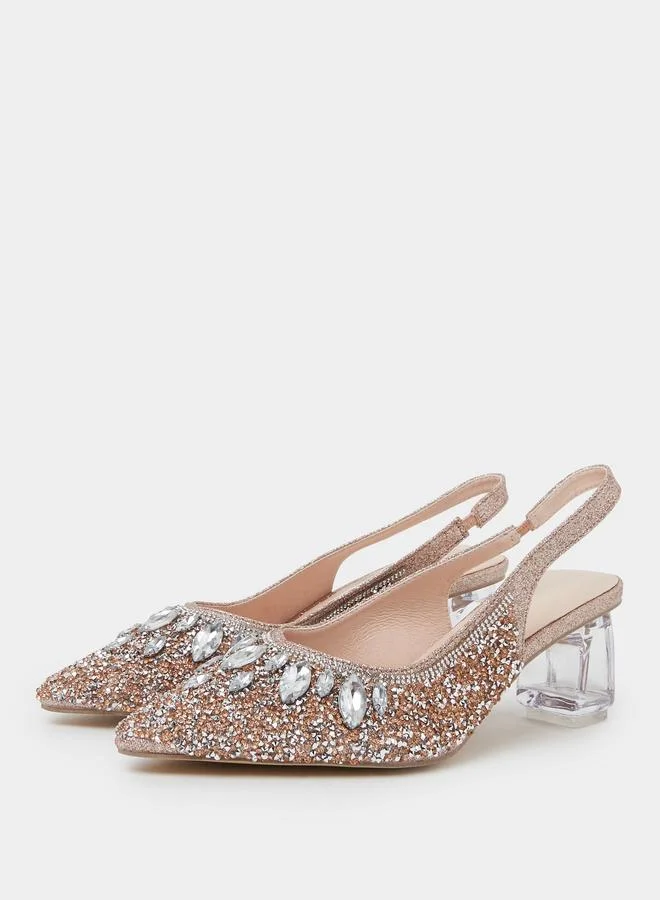Take Two Gold Rhinestone Pointed Toe Slingback Pumps