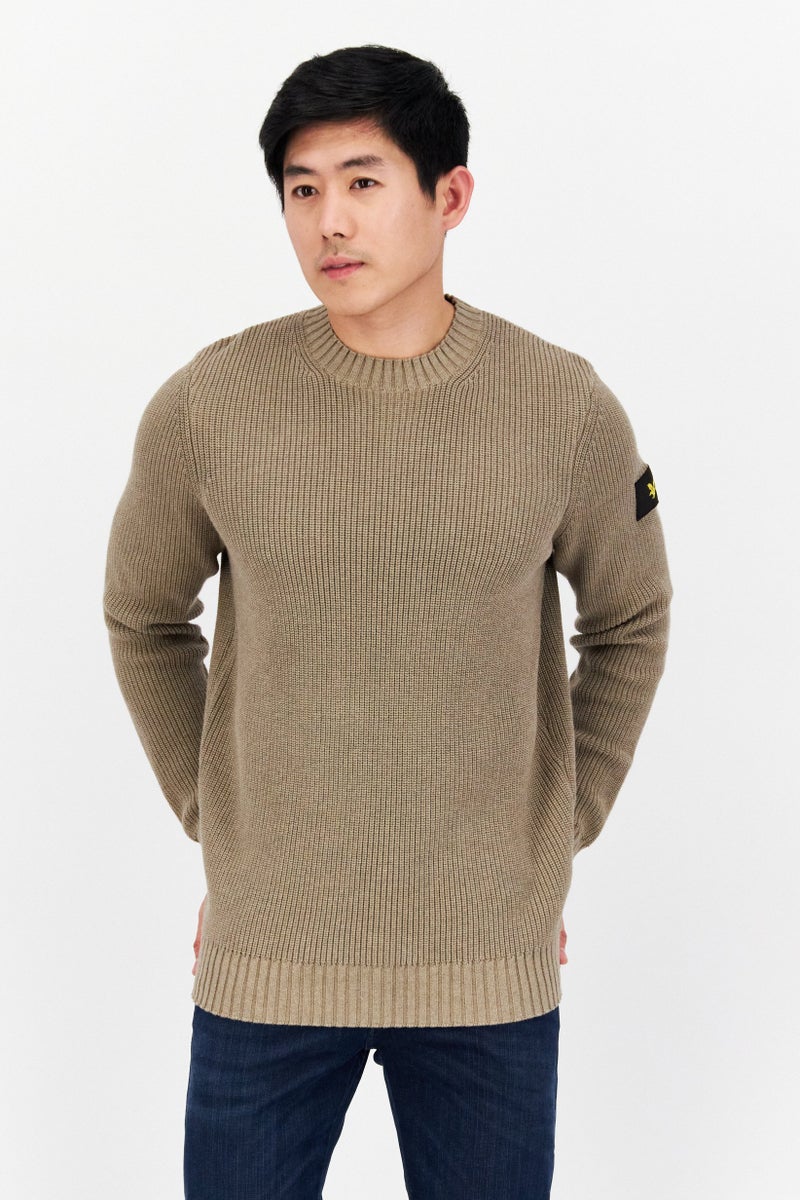 Lyle & Scott Men Crew Neck Crochet Sweaters, Taupe - Image 1