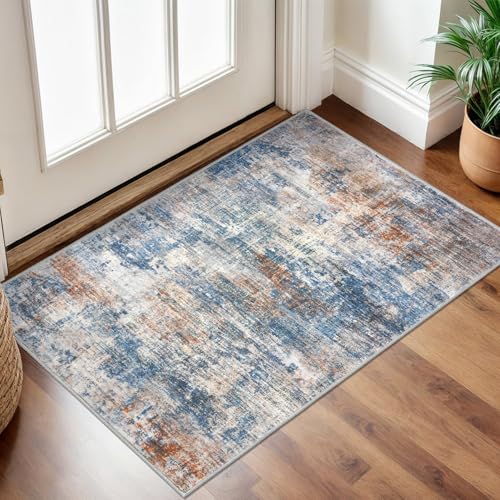 IOHOUZE Small Abstract Area Rug 2x3 Ft Entryway Rugs Washable Door Mat Indoor Entrance, Rubber Backed Throw Rugs, Printed Faux Wool Non Slip Floor Carpet for Foyer Front Door Sink, Blue Rust - Image 1
