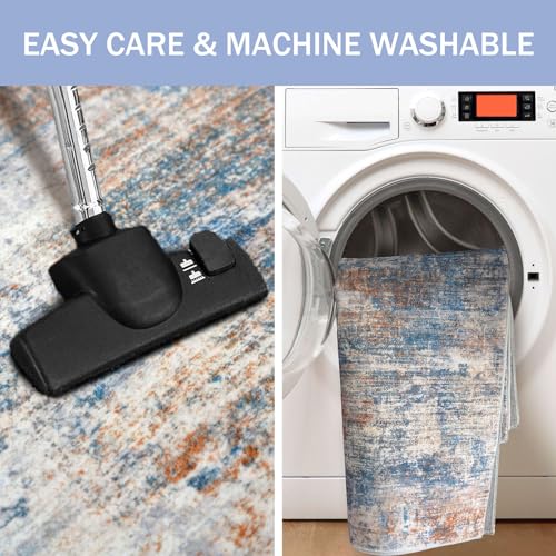 IOHOUZE Small Abstract Area Rug 2x3 Ft Entryway Rugs Washable Door Mat Indoor Entrance, Rubber Backed Throw Rugs, Printed Faux Wool Non Slip Floor Carpet for Foyer Front Door Sink, Blue Rust - Image 3