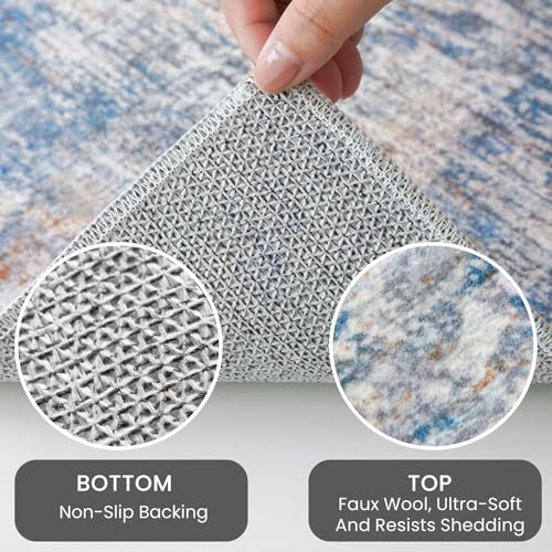 IOHOUZE Small Abstract Area Rug 2x3 Ft Entryway Rugs Washable Door Mat Indoor Entrance, Rubber Backed Throw Rugs, Printed Faux Wool Non Slip Floor Carpet for Foyer Front Door Sink, Blue Rust - Image 4