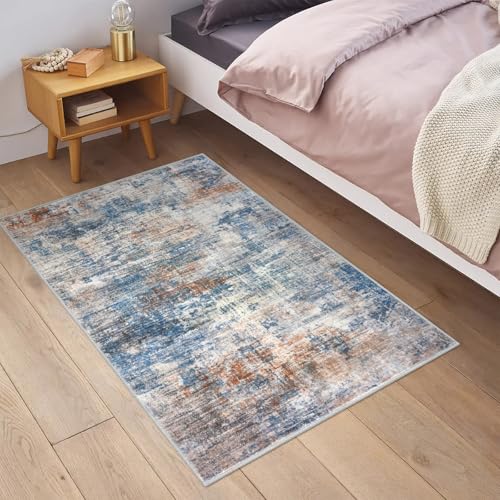 IOHOUZE Small Abstract Area Rug 2x3 Ft Entryway Rugs Washable Door Mat Indoor Entrance, Rubber Backed Throw Rugs, Printed Faux Wool Non Slip Floor Carpet for Foyer Front Door Sink, Blue Rust - Image 2