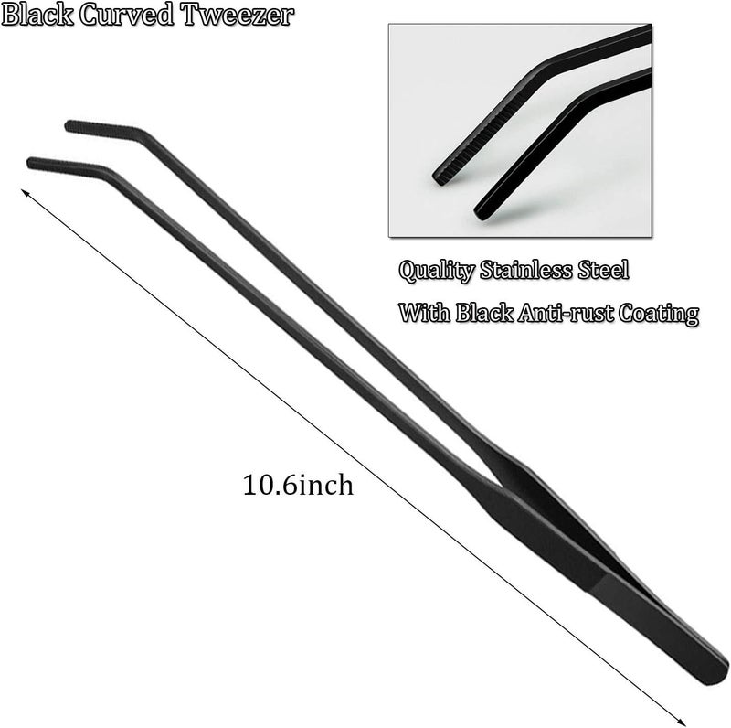 HRASY Black Aquarium Tweezers Set Stainless Steel Straight and Curved Tweezers Long Handle Reptile Feeding Tongs for Fish Tank Aquatic Plants, Pack of 2, 10.6 Inch - Image 2