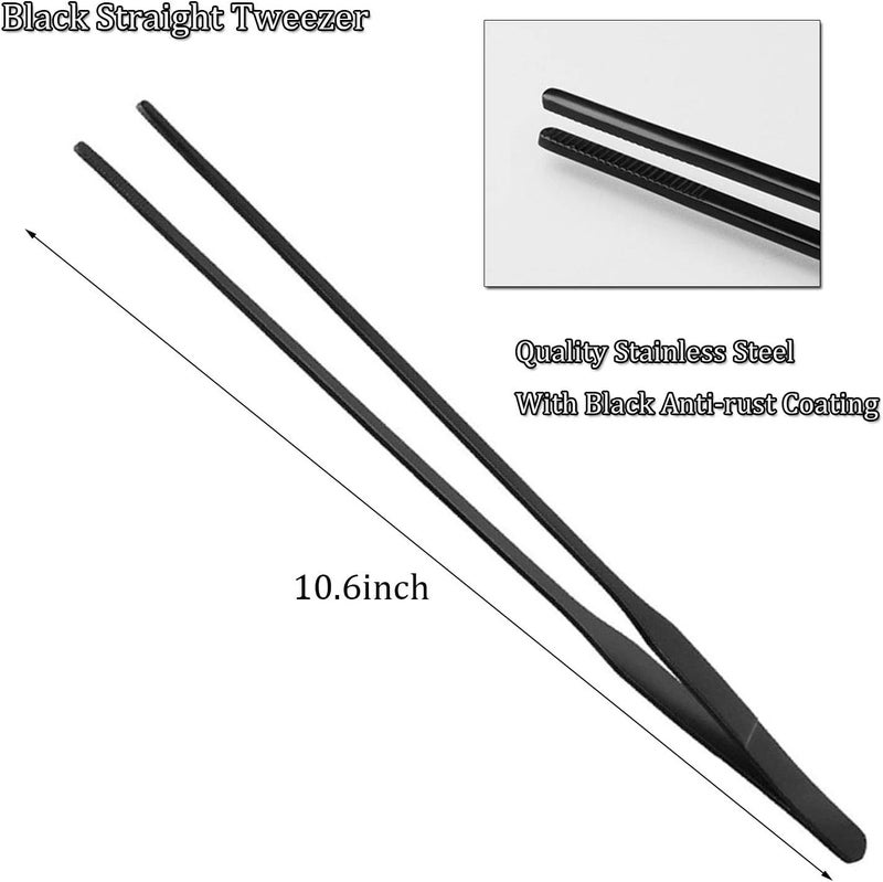HRASY Black Aquarium Tweezers Set Stainless Steel Straight and Curved Tweezers Long Handle Reptile Feeding Tongs for Fish Tank Aquatic Plants, Pack of 2, 10.6 Inch - Image 3