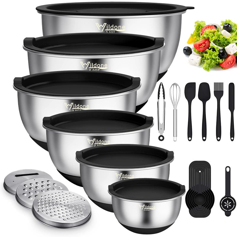 Wildone Mixing Bowls with Airtight Lids 22 PCS Stainless Steel Nesting Bowls with 3 Grater Attachments Scale Marks  NonSlip Bottom Size 5 4 3 215 063QT Ideal for Mixing  Prepping