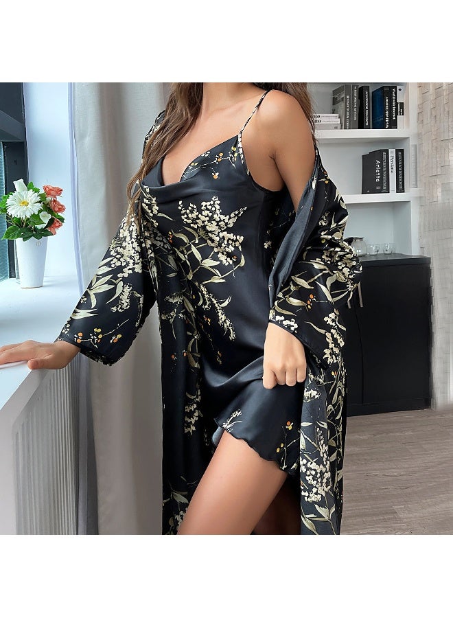 Minimalist Women's All-Season Homewear Tie-Robe and Slip Dress Two-Piece Set