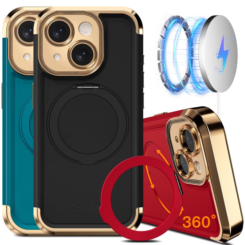 COOLQO for iPhone 15 Case 6.1'' Upgraded 360Â° Spin Magnetic Stand [Compatible with Magsafe][Military Protection] Plating Matte Scratch-Resistant Back Protective Shockproof Phone Case, Black Gold - Image 1