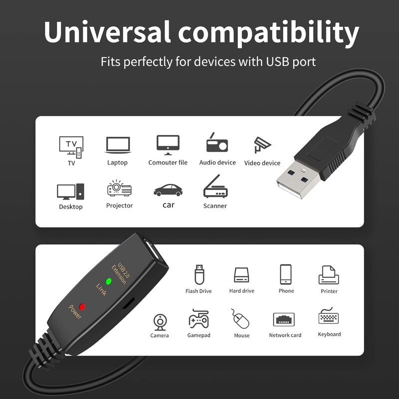 كابل تمديد USB نشط 2.0 بطول 100 قدم من ذكر إلى أنثى مع شريحة تمديد ومعزز إشارة - تمديد/مكرر نشط - Image 2