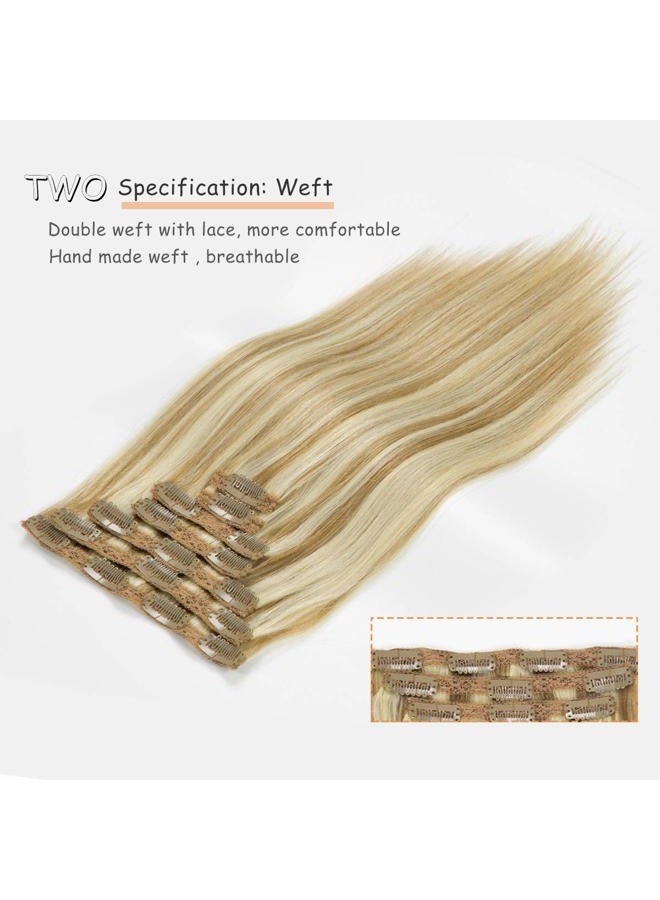 Caliee 120g Clip in Hair Extensions Human Hair for Women Double Weft Lace Clip in Golden Brown #10 Mixed Bleach Blonde #613 Color Real Hair Clip in Hair Extensions 7pieces 14inch - Image 4