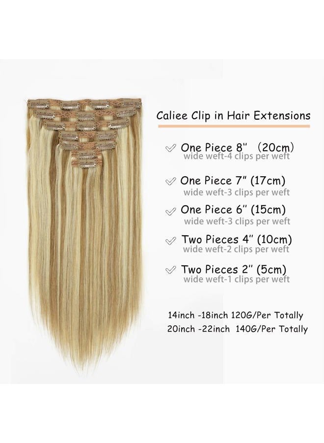 Caliee 120g Clip in Hair Extensions Human Hair for Women Double Weft Lace Clip in Golden Brown #10 Mixed Bleach Blonde #613 Color Real Hair Clip in Hair Extensions 7pieces 14inch - Image 2
