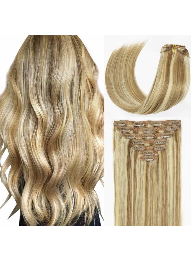 Caliee 120g Clip in Hair Extensions Human Hair for Women Double Weft Lace Clip in Golden Brown #10 Mixed Bleach Blonde #613 Color Real Hair Clip in Hair Extensions 7pieces 14inch - Image 1