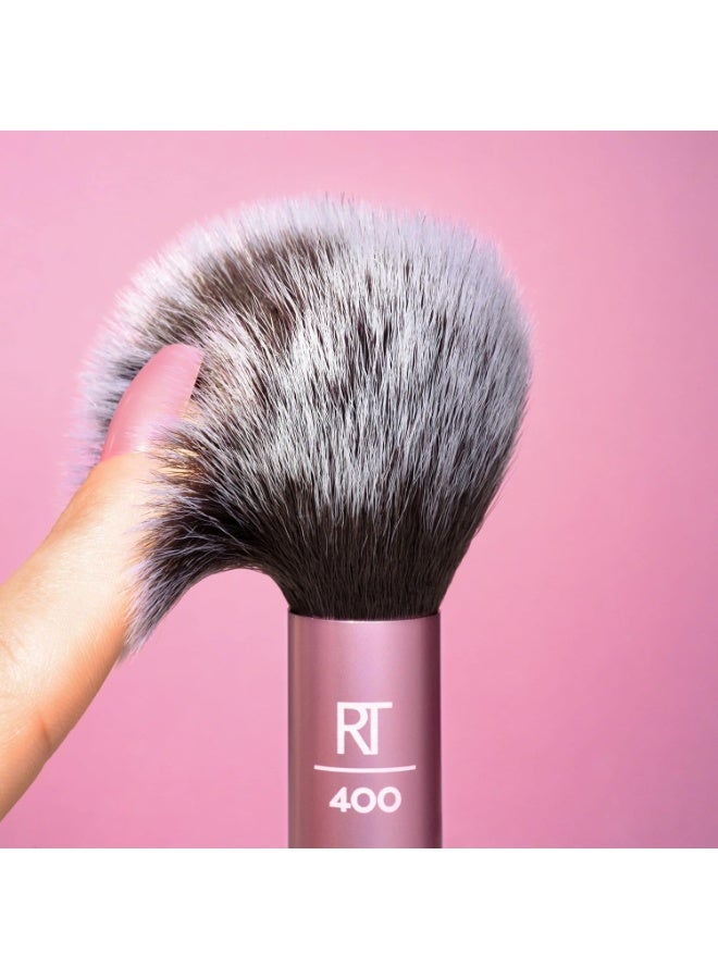 أر تي [RT 400] فرشاة مكياج بلش فائقة النعومة للبلش السائب او الكريمي او المضغوط، فرشاة بودرة متوهجة وردية، فرشاة بودرة منفوشة، حلقات من الالومنيوم، شعيرات صناعية - Image 3