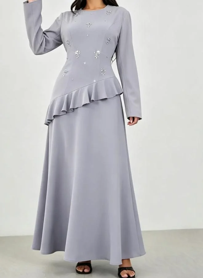 Take Two Grey Embellished Maxi Dress with Ruffle Detail