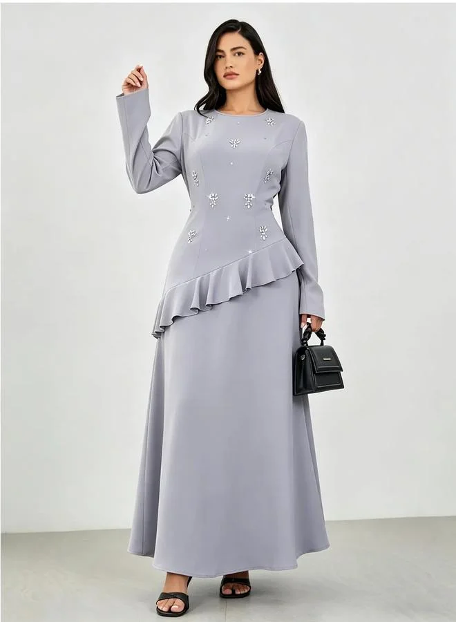 Take Two Grey Embellished Maxi Dress with Ruffle Detail