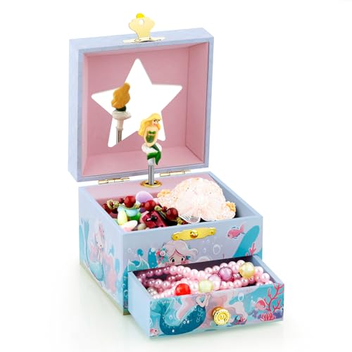 RR ROUND RICH DESIGN Kids Musical Jewelry Box for Girls Include Drawer and Pretty Jewelry Set with Cute Mermaid Theme - Beautiful Dream Tune Blue - Image 3