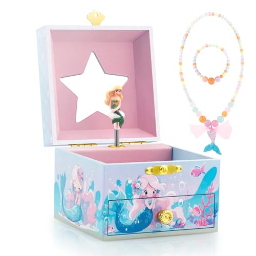 RR ROUND RICH DESIGN Kids Musical Jewelry Box for Girls Include Drawer and Pretty Jewelry Set with Cute Mermaid Theme - Beautiful Dream Tune Blue - Image 1