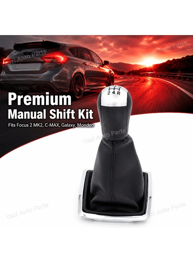 طقم مقبض وغطاء ذراع ناقل الحركة اليدوي لسيارات Ford Focus II MK2/FL وC-MAX موديلات 2006-2011، جلد صناعي أسود وفضي - Image 2